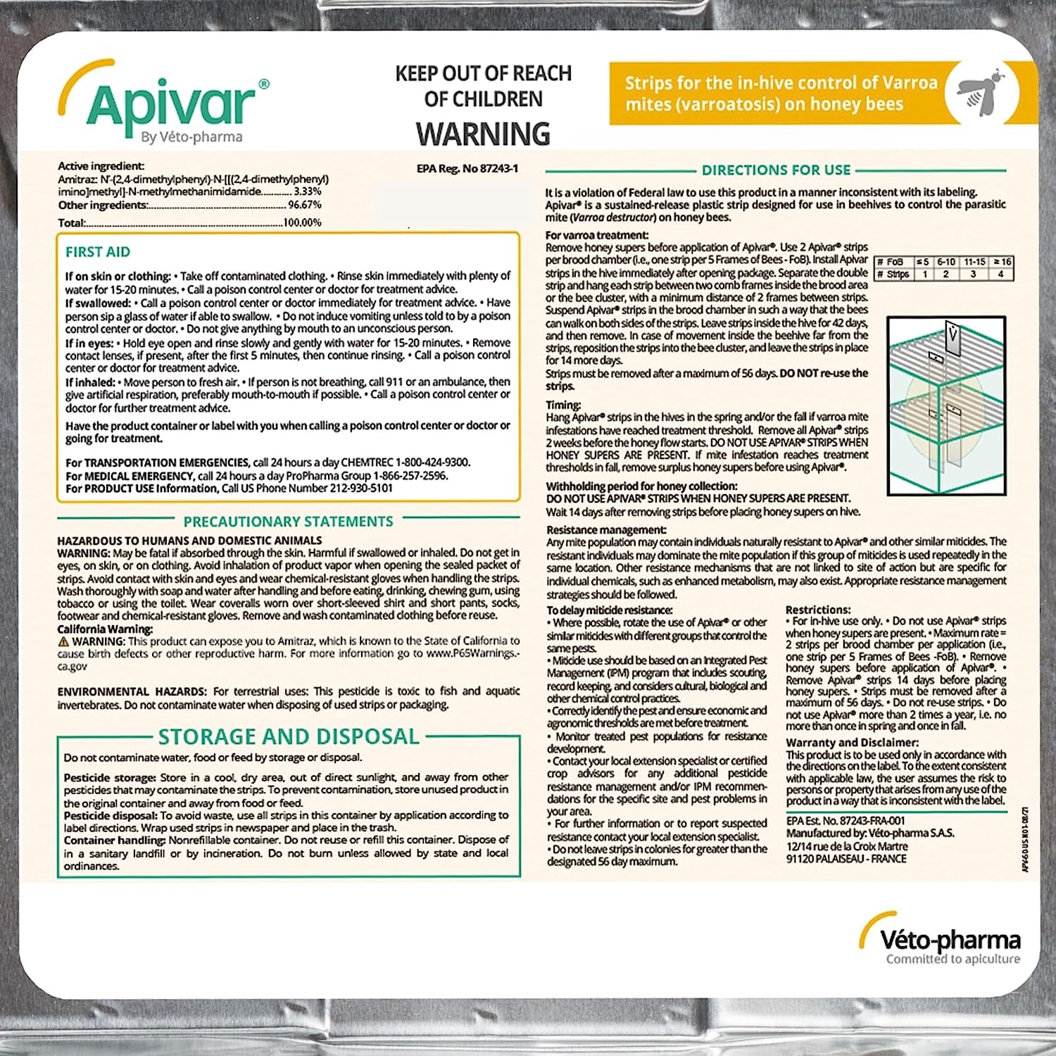 Apivar Varroa Mite Treatment with Easy Rip Strips for Managing Mites on Honey Bees (4 Pack)