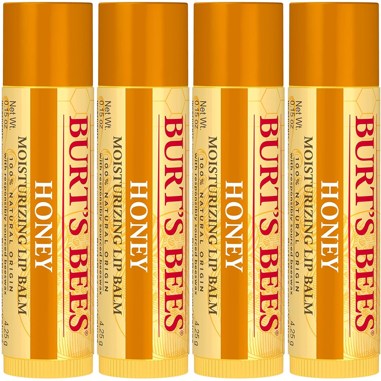 Lip Balm Easter Basket Stuffers - Honey, Lip Moisturizer with Responsibly Sourced Beeswax, Tint-Free, Natural Conditioning Lip Treatment, 4 Tubes, 0.15 Oz.