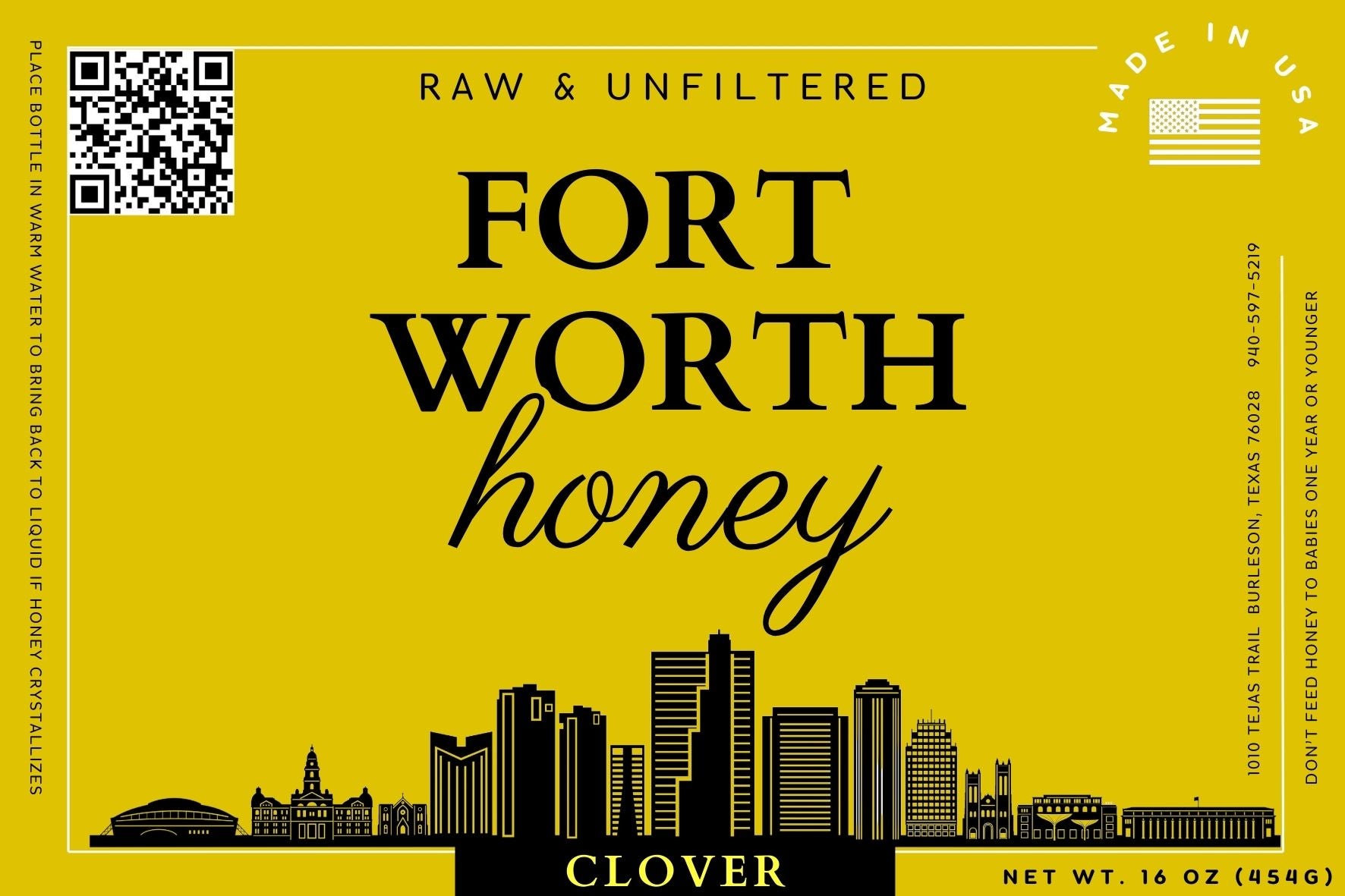 Honey bottle label for fort worth honey- clover