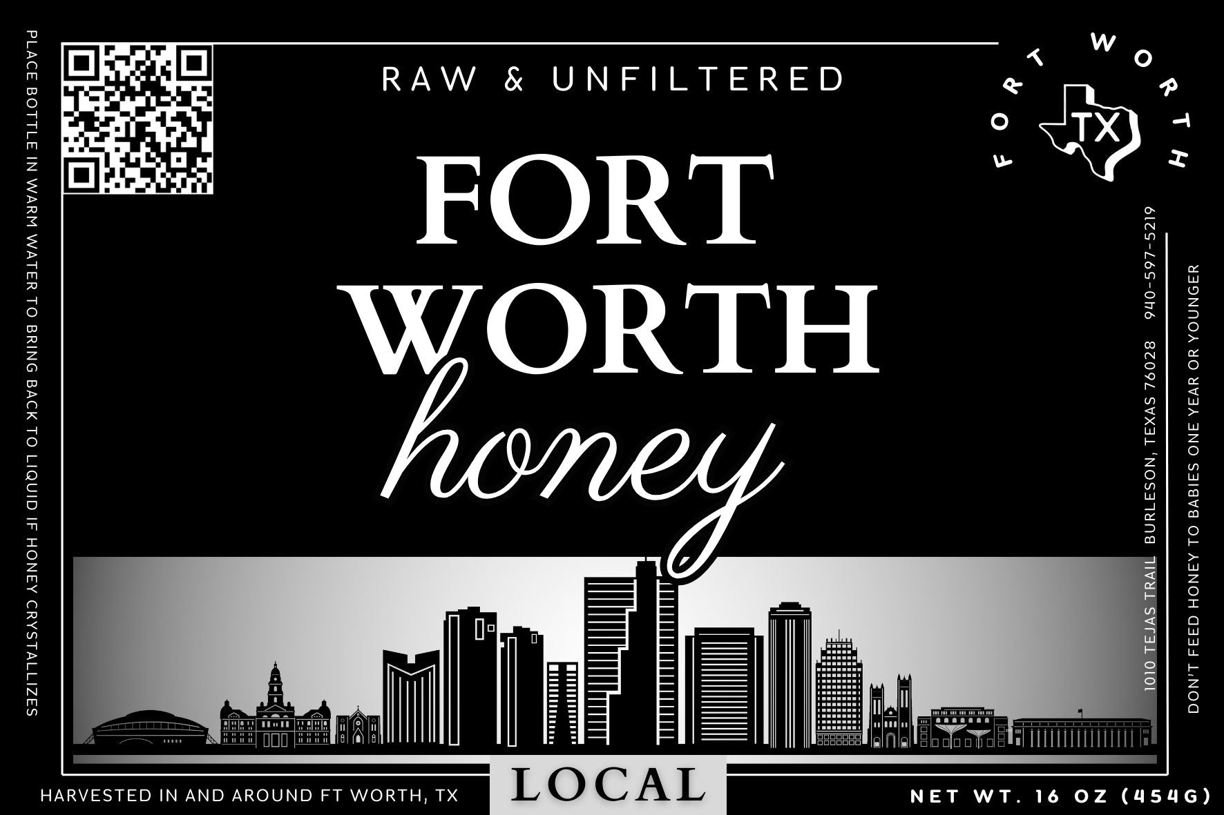 Honey bottle label for fort worth honey