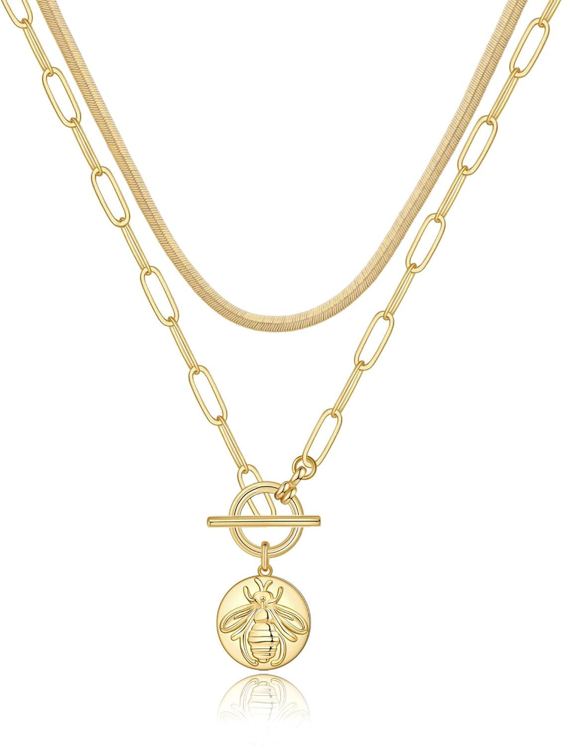 Gold Layered Necklaces for Women, 14K Gold Plated Vintage Evil Eye Queen Elizabeth Bee Sun and Moon Medallion Necklace Retro Choker Chain Link Necklace Gold Layered Necklaces for Women Girls Jewelry