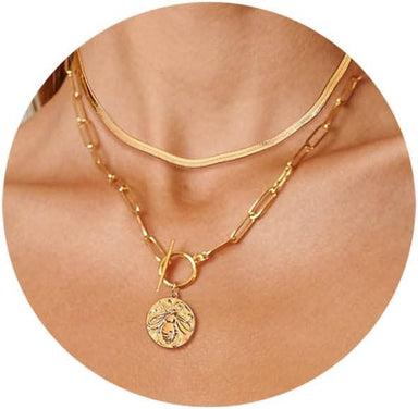 Gold Layered Necklaces for Women, 14K Gold Plated Vintage Evil Eye Queen Elizabeth Bee Sun and Moon Medallion Necklace Retro Choker Chain Link Necklace Gold Layered Necklaces for Women Girls Jewelry